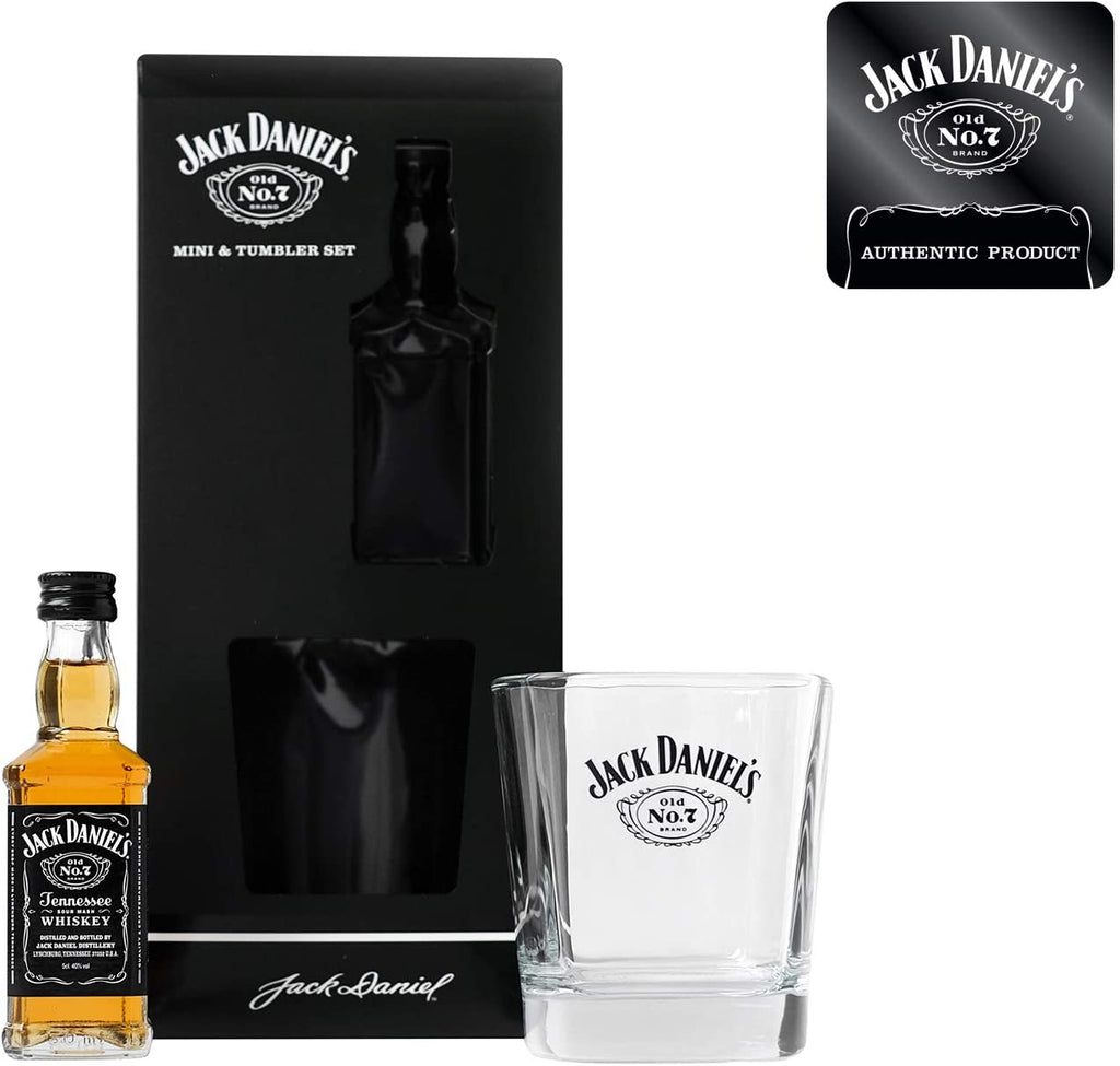 Jack Daniels Gifts - Official Licensed Jack Daniel's Old No. 7 Tennessee Whiskey 5cl Miniature and Whisky Glass Rock Tumbler - Whiskey Gift Sets For Men and Perfect Fathers Day Gifts