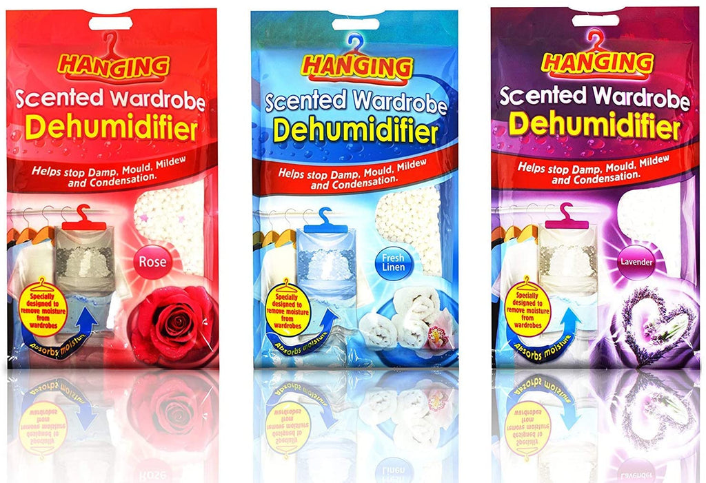 Set of 3 Scented Hanging Wardrobe Dehumidifiers Damp Mould Condensation Control (Rose,Lavender,Fresh Linen)